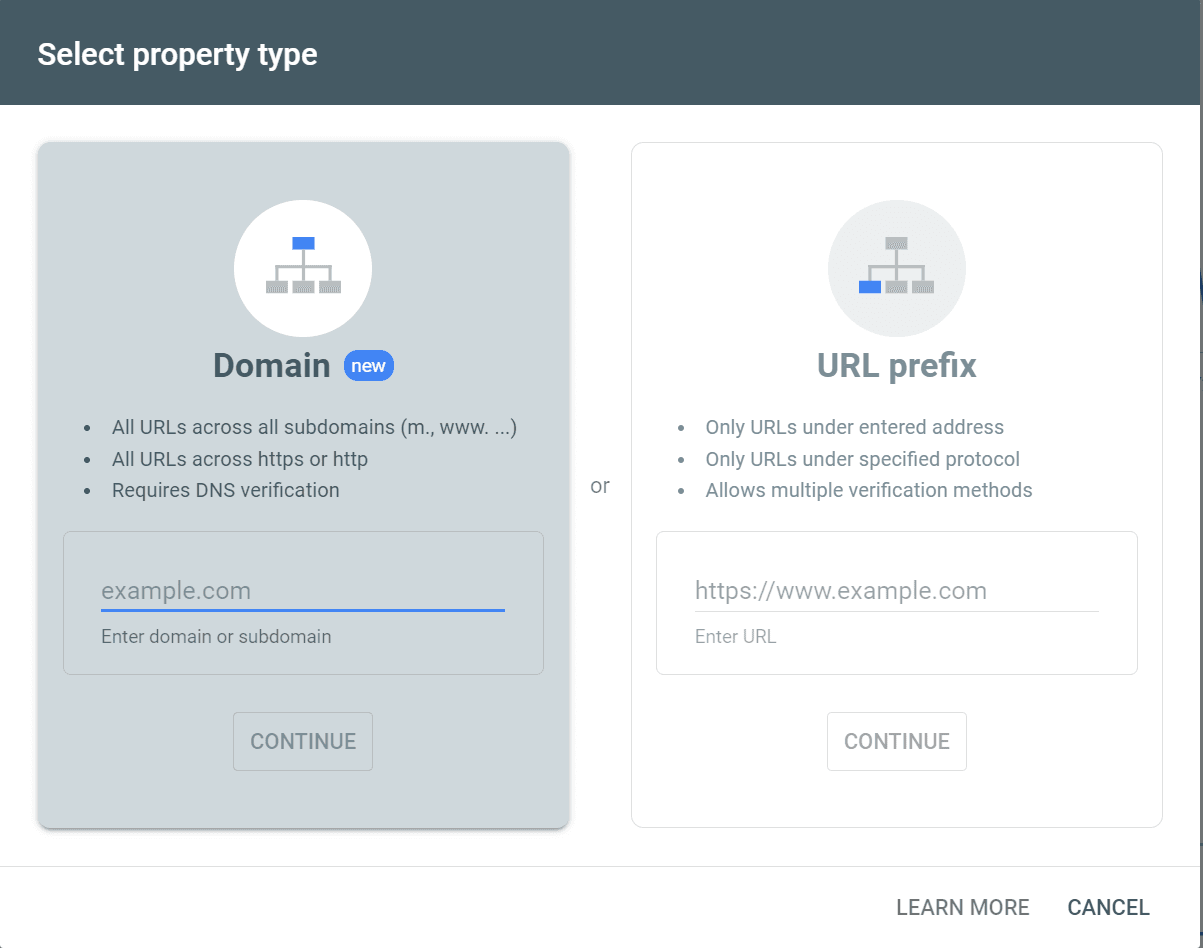 Välj domän typ i Google Search Console
