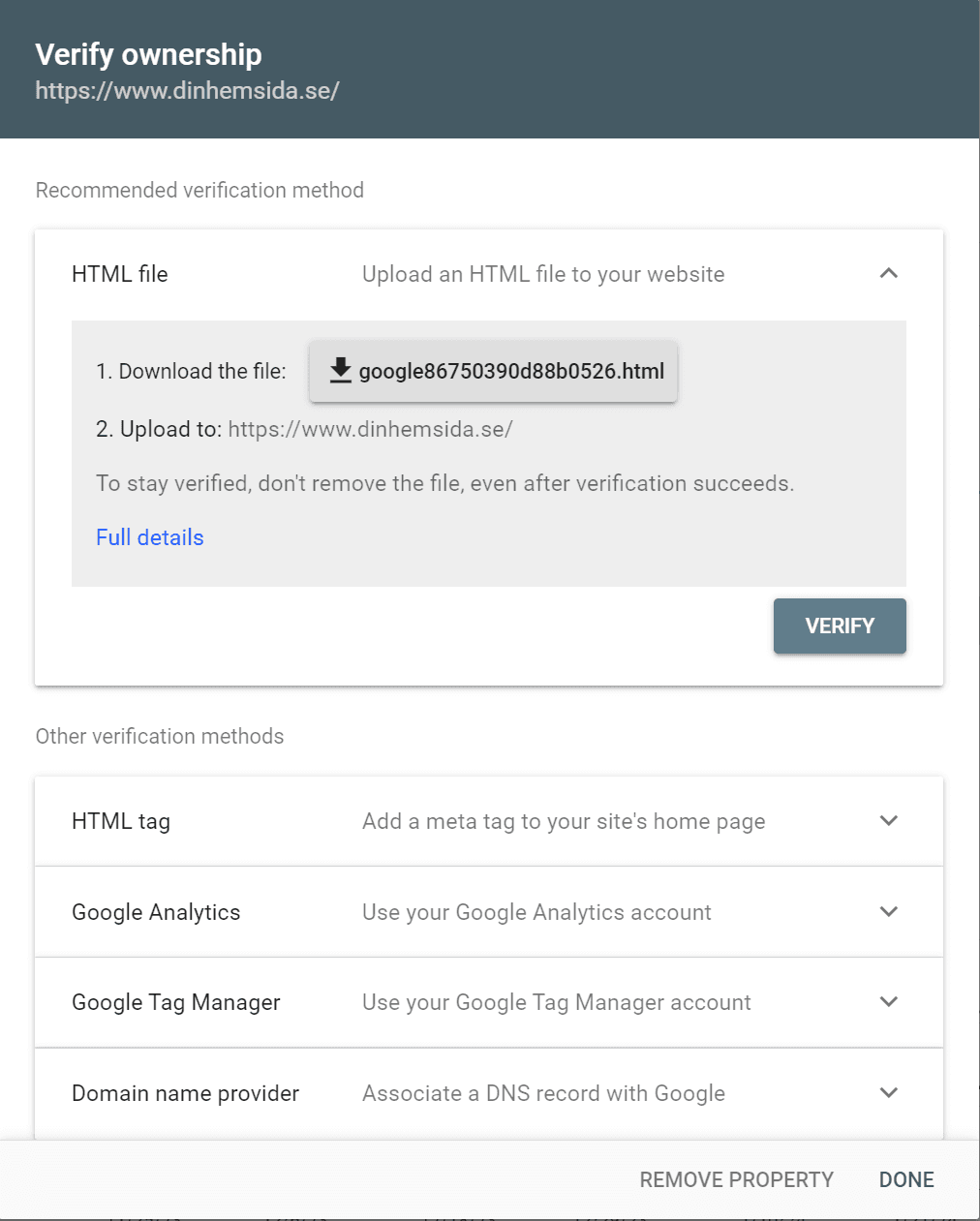 Verifiera ägarskap av din domän i Google Search Console