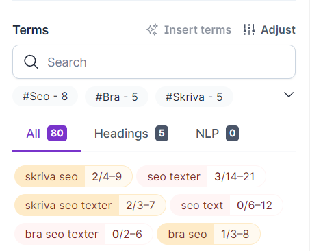 Termer för din SEO anpassade text i SurferSEO
